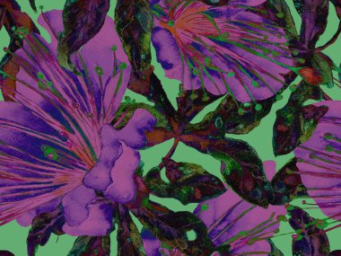 Kalın Çiçek deseni. Mor Arkaplanda Büyük Hawaii Kusursuz Parmak izi. Big Jungle Spring Aquarelle Maracuja Sonsuz Arkaplanı. Kalın Çiçek Tasarımı.