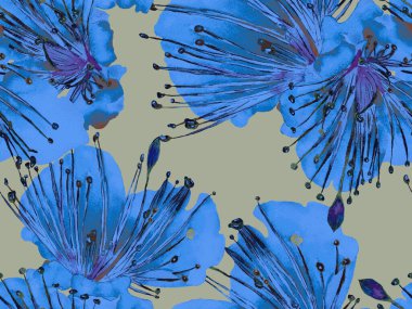 Cesur Çiçek Tasarımı. Mavi İndigo 'da Geniş Ormansız Parmak İzi. Büyük Hawaii Yaz Aquarelle Lilikoi Sonsuz Geçmişi. Sanatsal Kalın Çiçek Tasarımı.