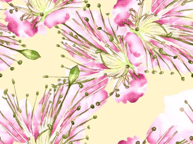 Cesur Çiçek Tasarımı. Pembe ve Sarı Arkaplanda Büyük Tropikal Kusursuz Parmak İzi. Büyük Hawaii Yaz Aquarelle Lilikoi Sonsuz Geçmişi. Sanatsal Kalın Çiçek Tasarımı.