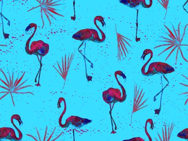 Büyük hipster flamingo mavisi, kusursuz Hawaii deseni. Yaz tropikal kuşları sonsuz baskıyı suluboya. Yaban kuşlarıyla minimalist geometrik mayo arka planı. Suluboya yatay fayans.