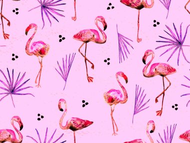 Büyük flamingo hippi kızıl Hawaii 'nin kusursuz deseni. İlkbahar suluboya tişört baskısı. Doymuş hippi mayo, tüylü kuşları olan fayanslar. Flamingolu yatay fayans.