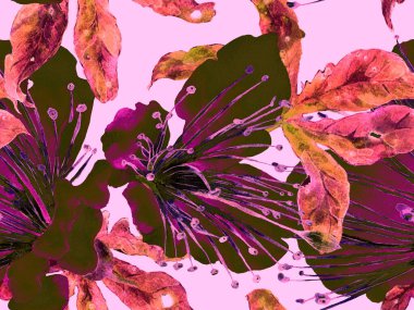 Çiçek desenli moda. Kızıl Arkaplanda Büyük Hawaii Kusursuz Parmak izi. Büyük Orman Yaz Aquarelle Granadilla Sonsuz Arkaplan. Rastgele Çiçek Deseni.