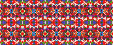 Suluboya El Yazması Batik. Psikedelik arka plan. Allover Etnik Mayo Tasarımı Simetrik Sınır Uyumluluğu. Geometrik Etnik Kusursuz Düzen. Ikat Yatay Doku. Gökkuşağı