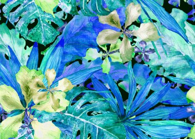 Tropikal desen. Tayland suluboya, palmiye, canavar, amber çiçeği, muz ağacı. Egzotik mayo tasarımı. Yatay yaz Hawaii şablonu. Aloha Tekstil tekrarlanan baskısı. Suluboya yaz çizimi.