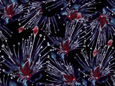 Çiçek desenli moda. Kızıl Arkaplanda Büyük Orman Kusursuz Parmak İzi. Büyük Hawaii Yaz Sulu Tutku Meyvesi Sonsuz Arkaplan. Rastgele Çiçek Deseni.