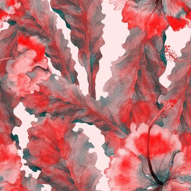 Egzotik desen. Suluboya tropik çiçekler ve canavar yaprakları. Palm ve Hibiscus ormanları pürüzsüz. Bahar Hawaii suluboya geçmişi. Tropik palmiyeler, canavarlar, çiçek desenleri..