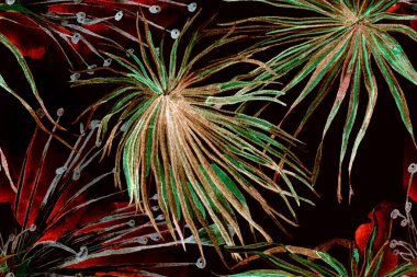 Palmiye yapraklarının eğlenceli dokusu. Yeşil ve Kırmızı Suluboya Yatay Tropik Tasarım. Palm Geometric Mayo desenli. Etnik Aloha İlişkisi. Egzotik Bikini Özgeçmişi. Tropikal Kusursuz Desen.