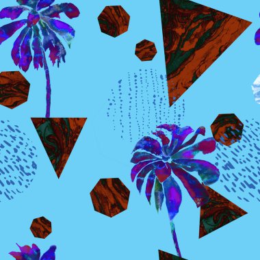 Geometrik avuç içi deseni. Muz ağaçları, üçgenler, mermer, ebru, yarım ton, noktalar, çizgiler, heptagonlar ile modaya uygun yaratıcı bir uyum. Mayo yaz soyut orman arkaplanı. Memphis geometrisi.