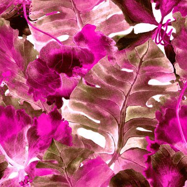 Yaz döngüsü. Suluboya tropik çiçekler ve canavar yaprakları. Palm ve Hibiscus ormanları pürüzsüz. Bahar Hawaii suluboya geçmişi. Tropik palmiyeler, canavarlar, çiçek desenleri..