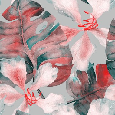 Mavi mor renkli egzotik desen. Suluboya tropik yapraklar. Palm ve Hibiscus ormanları pürüzsüz. Yaz Hawaii suluboya geçmişi. Avuç içleri, canavarlar, mayo izleri..