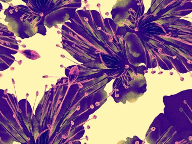 Kalın Çiçekler. Mavi ve Kırmızı Arkaplanda Büyük Egzotik Kusursuz Parmak izi. Büyük Hawaii Yaz Sulu Lilikoi Sonsuz Geçmişi. Soyut Kalın Çiçek Yazdırma. 