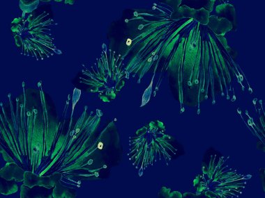 Kalın Çiçek deseni. Blue 'da Büyük Ormansız Parmak İzi, Indigo Arkaplan. Büyük Orman Yazı Maracuja Sonsuz Arkaplanı. Kalın Çiçek Tasarımı.