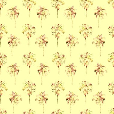 Avuç içi izi. Egzotik suluboya desensiz. Hawaii Tropikal Baskısı. Palmiye ağaçlı mayo tasarımı. Egzotik Yaprak İlişkisi. Suluboya Botanik Kusursuz Arka plan. Muz ve Hindistan cevizi ağaçları.