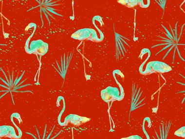 Büyük flamingo hippi kızıl Hawaii 'nin kusursuz deseni. İlkbahar suluboya tişört baskısı. Yaban kuşlarıyla minimalist geometrik mayo arka planı. Flamingolu yatay fayans.