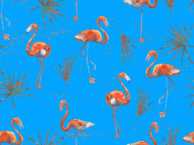 Büyük hipster flamingo mavisi, kusursuz Hawaii deseni. İlkbahar suluboya tişört baskısı. Doymuş hippi mayo, tüylü kuşları olan fayanslar. Flamingolu yatay fayans.