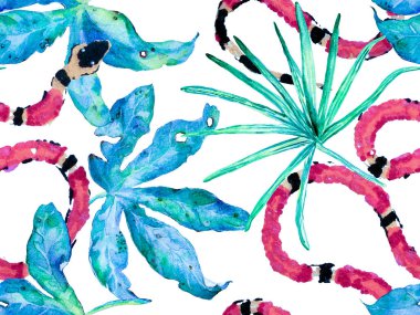 Elapidae Egzotik Geçmişi. Yılan Derisi Parmak izi. Zehirli Ejder Taklidi. Klasik Mavi ve Lush Lav Kırmızı Aspid Kusursuz Desen. Afrika Safari Deri ve Flora İllüstrasyon. El Çekimi Tropikal Desen.