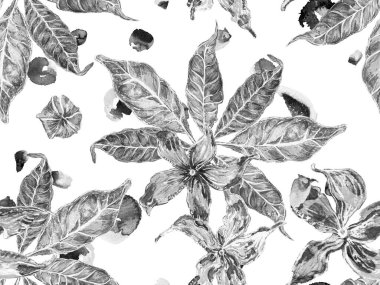 Biyo Jasmin Kusursuz Şablon. Çiçek Ayurveda deseni. Monokrom ve Gri Tonlu Yaz Vintage Arkaplanı. Suluboya Turuncu Çiçek ve Yapraklar. Canlı Sakura ve Jasmine Yazdırma.