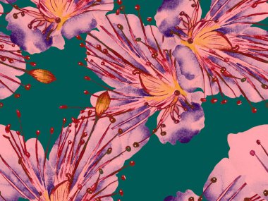 Kalın Çiçek deseni. Kızıl Arkaplanda Büyük Hawaii Kusursuz Parmak izi. Büyük Hawaii Baharı Sulu Boyalı Lilikoi Sonsuz Geçmişi. Modern Kalın Çiçek Deseni.