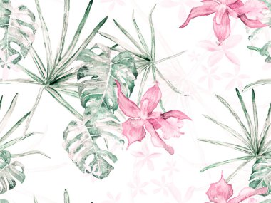 Orkideli mayo baskısı, Palm Leaves. Egzotik Hawaii Tasarımı. Tayland döşeme dokusu. Orkide Kusursuz Desen. Yeşil ve Kırmızı Suluboya Çiçek Arkaplanı. Tropik Yaz Yazı Yazdırma.