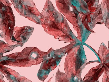 Cesur soyut çiçek deseni. Kızıl Arkaplanda Büyük Tropikal Kusursuz Parmak İzi. Büyük Orman Yaz Aquarelle Granadilla Sonsuz Arkaplan. Modern Kalın Soyut Çiçek Deseni.