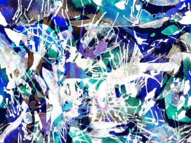 Sıvı, pürüzsüz desen. Mavi suluboya fırça darbesi grunge tasarımı. Suluboya boya boya tasarımı. Kademeli mürekkep lekeleri. Çamur tabakası. Sıvı damlayan fırça sonsuz iz.