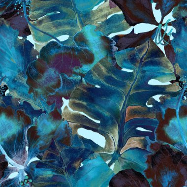 Tatil düzeni. Suluboya tropik çiçekler ve canavar yaprakları. Palm ve Hibiscus ormanları pürüzsüz. Bahar Hawaii suluboya geçmişi. Tropik palmiyeler, canavarlar, çiçek desenleri..