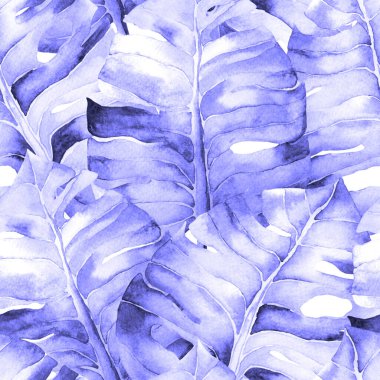 Beyaz Indigo egzotik desen. Suluboya tropik yapraklar. Palm ve Hibiscus bitkileri kusursuz desende. Bahar Hawaii suluboya geçmişi. Tropik palmiyeler, canavarlar, çiçek desenleri..