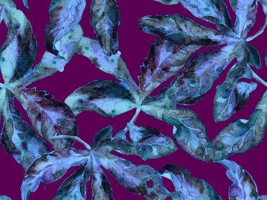 Kalın Çiçek deseni. Mor Arkaplanda Büyük Orman Kusursuz Parmak izi. Büyük Egzotik Yaz Maracuya Sonsuz Geçmişi. Modern Kalın Çiçek Deseni.