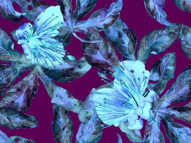 Bold Floral Print. Mor Arkaplanda Büyük Egzotik Kusursuz Parmak izi. Büyük Tropik Bahar Suluboya Granadilla Sonsuz Arkaplan. Moda Kalın Çiçek Yazdırma.