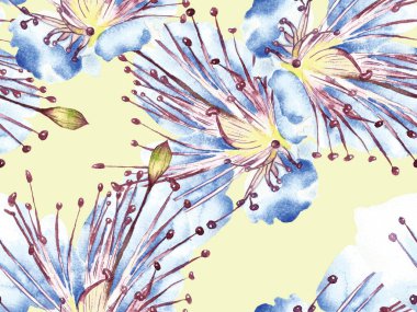 Kalın Çiçekler. Büyük bir Hawai parmak izi, mavi, Indigo arka planında. Büyük Hawaii Baharı Maracuya Sonsuz Arkaplanı. Soyut Kalın Çiçek Yazdırma. 