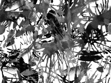 Sıvı, pürüzsüz desen. Siyah beyaz suluboya fırça darbesi grunge tasarımı. Suluboya soyut sıçrama boyası tasarımı. Elle çizilmiş mürekkep lekeleri. Toprak sıçrama deseni. Sıvı damlayan fırça sonsuz iz. 