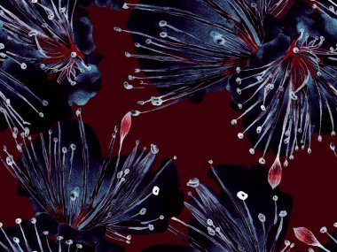 Çiçek desenli moda. Yeşil ve Kızıl Arkaplanda Büyük Tropikal Kusursuz Parmak izi. Büyük Hawaii Baharı Maracuja Sonsuz Arkaplanı. Rastgele Çiçek Deseni.