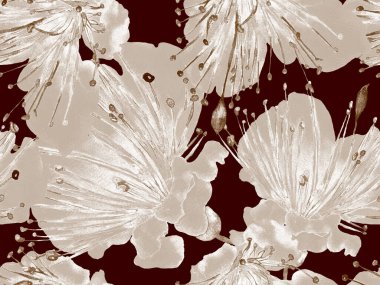 Cesur Çiçek Tasarımı. Kahverengi Arkaplan 'da Büyük Egzotik Kusursuz Parmak izi. Geniş Orman Bahar Kova Maracuja Sonsuz Arkaplanı. Sanatsal Kalın Çiçek Tasarımı.