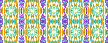 Geometrik Etnik Kusursuz Düzen. Suluboya El Çizilmiş Batik. Psikedelik Halk Arkaplanı. Allover Etnik Mayo Tasarımı. Mavi Ikat Yatay Doku. Eğlenceli Simetrik Kenarlık Uyumu.