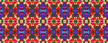 Ikat Yatay Doku. Geometrik Etnik Kusursuz Düzen. Çok renkli Suluboya El Yazması Batik. Psikedelik arka plan. Allover Etnik Mayo Tasarımı Simetrik Sınır Uyumu.
