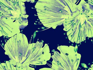 Cesur soyut çiçek deseni. Yeşil Arkaplanda Büyük Egzotik Kusursuz Parmak izi. Büyük Hawaii Yaz Aquarelle Granadilla Sonsuz Arkaplan. Modern Kalın Soyut Çiçek Deseni.