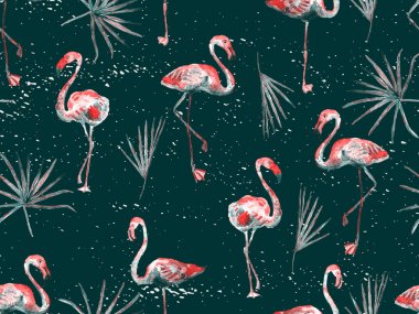 Büyük flamingo hippi kızıl Hawaii 'nin kusursuz deseni. Yaz tropikal kuşları sonsuz baskıyı suluboya. Doymuş hippi mayo, tüylü kuşları olan fayanslar. Suluboya yatay fayans.