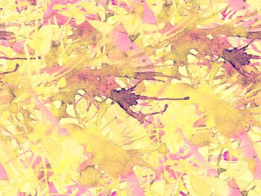 Tehlike izi yok. Sarı suluboya fırça darbesi grunge tasarımı. Suluboya boya boya tasarımı. Elle çizilmiş mürekkep lekeleri. Toprak sıçrama deseni. Sıvı damlayan fırça sonsuz iz.