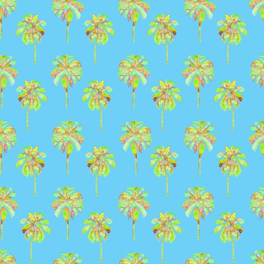 Avuç içi izi. Egzotik suluboya desensiz. Hawaii Tropikal Baskısı. Palmiye ağaçlı mayo tasarımı. Egzotik Yaprak İlişkisi. Suluboya Botanik Kusursuz Arka plan. Muz ve Hindistan cevizi ağaçları.