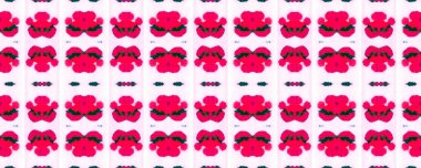 Mercan Kırmızı Ikat Yatay Doku. Suluboya El Çizilmiş Batik. Psikedelik Halk Arkaplanı. Allover Etnik Mayo Tasarımı Eğlenceli Simetrik Sınır İlişkisi. Geometrik Etnik Kusursuz Desen