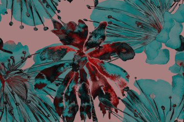 Tropikal Kusursuz Desen. Suluboya Yatay Tropik Tasarım. Palm Geometric Mayo desenli. Etnik Aloha İlişkisi. Egzotik Bikini Özgeçmişi. Palmiye yapraklarının eğlenceli dokusu. Yeşil ve Kırmızı