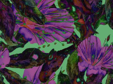 Kalın Çiçek deseni. Mor Arkaplanda Büyük Egzotik Kusursuz Parmak izi. Büyük Tropik Bahar Maracuja Sonsuz Arkaplanı. Modern Kalın Çiçek Deseni.