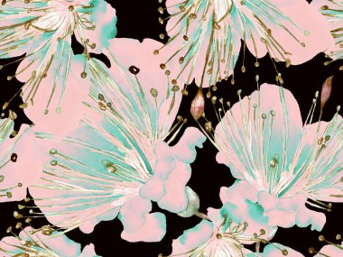 Bold Floral Print. Yeşil ve Kırmızı Arkaplanda Büyük Ormansız Parmak izi. Büyük Tropik Bahar Suluboya Granadilla Sonsuz Arkaplan. Moda Kalın Çiçek Yazdırma.