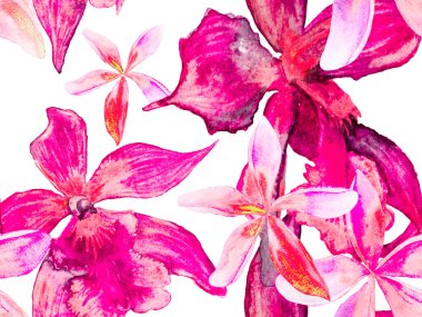 Orkideli yeşil ve kırmızı mayo baskısı, Palm Leaves. Suluboya Çiçek Geçmişi. Tropik Yaz Baskısı. Egzotik Hawaii Tasarımı. Tayland döşeme dokusu. Orkide Kusursuz Desen.