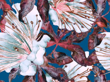 Kalın Çiçek deseni. Kızıl Arkaplanda Büyük Orman Kusursuz Parmak İzi. Büyük Tropik Bahar Suluboya Tutku Meyvesi Sonsuz Arkaplan. Kalın Çiçek Tasarımı.