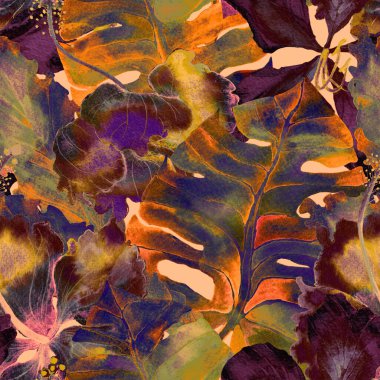 Yaz döngüsü. Suluboya tropik çiçekler ve canavar yaprakları. Palm ve Hibiscus bitkileri kusursuz desende. Yaz Hawaii suluboya geçmişi. Tropik palmiyeler, canavarlar, çiçek desenleri..