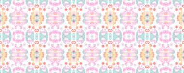 Geometrik Etnik Kusursuz Düzen. Teal Blue ve Red Ikat Yatay Doku. Suluboya El Yazması Batik. Psikedelik arka plan. Allover Etnik Mayo Tasarımı Simetrik Sınır Uyumu.