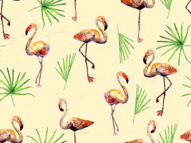 Büyük flamingo hippi kızıl Hawaii 'nin kusursuz deseni. Yaz tropikal kuşları sonsuz baskıyı suluboya. Yaban kuşlarıyla minimalist geometrik mayo arka planı. Suluboya yatay fayans.