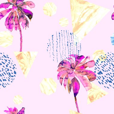 Geometrik avuç içi deseni. Muz ağaçları, üçgenler, mermer, ebru, yarım ton, noktalar, çizgiler, heptagonlar ile modaya uygun yaratıcı bir uyum. Mayo yaz soyut orman arkaplanı. Memphis geometrisi.