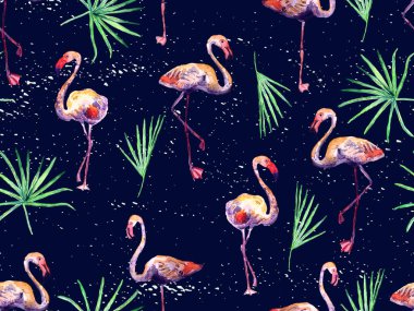 Büyük flamingo hippi yeşil Hawaii 'nin kusursuz deseni. Yaz tropikal kuşları sonsuz baskıyı suluboya. Yaban kuşlarıyla minimalist geometrik mayo arka planı. Flamingolu yatay fayans.